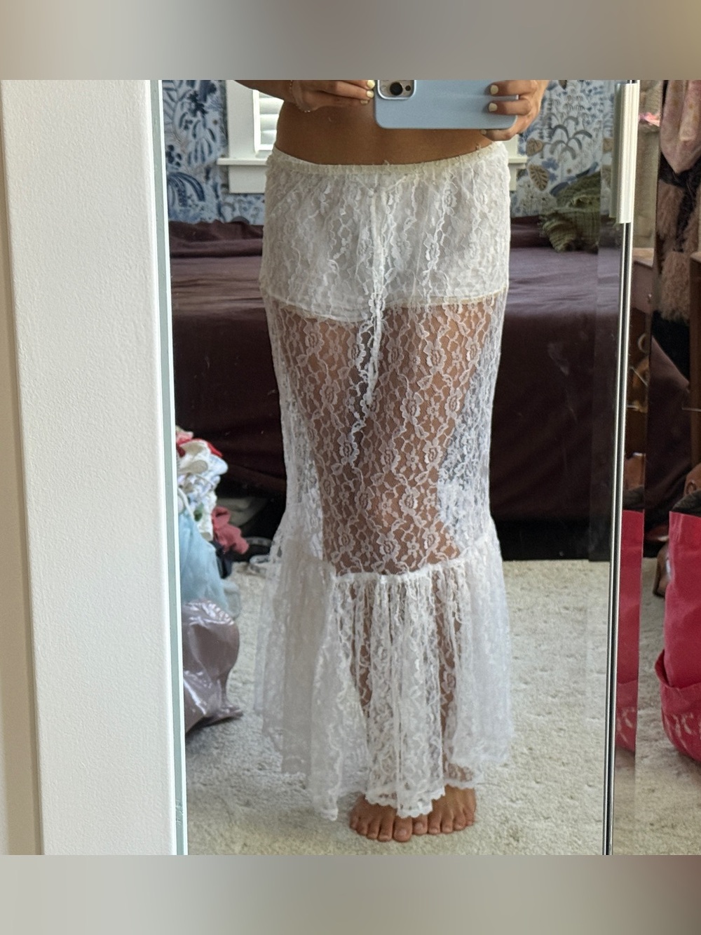 Vintage Eber San Francisco White Sheer Lace Maxi Skirt Ruffle Hem USA